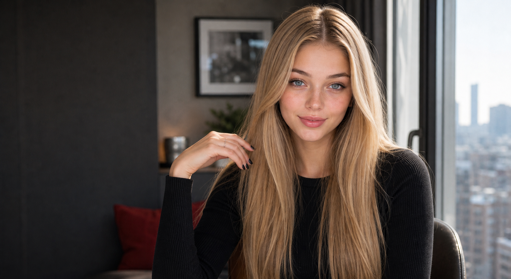 Rachel posiert in einem hellen Raum